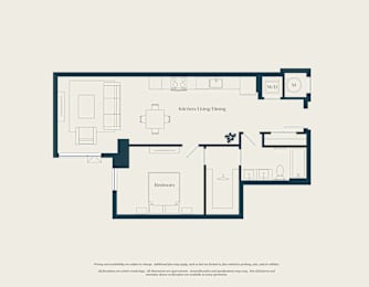 A floor plan of a house with a kitchen, living room, dining room, and bedrooms.