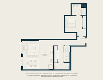 A floor plan of a house with a living room, dining room, kitchen, and bathroom.