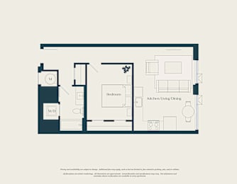 A floor plan of a house with a kitchen, dining area, and a bedroom.