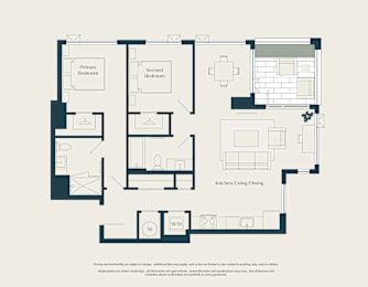 A floor plan of a house with a kitchen, living room, dining room, and two bedrooms.