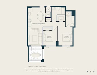 A floor plan of a house with labeled rooms such as kitchen/living/dining and a first floor bedroom.