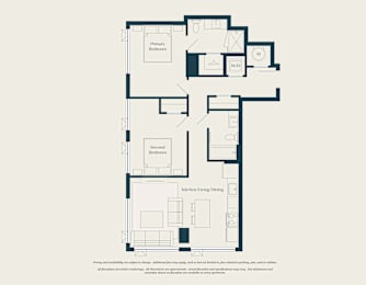 A floor plan of a house with two bedrooms and a kitchen/living/dining area.
