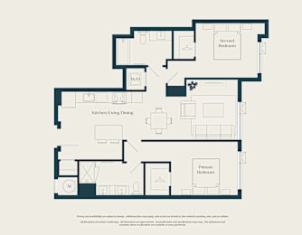 A floor plan of a house with a kitchen, living room, and two bedrooms.