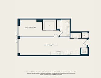 A floor plan of a house with a kitchen, dining area, and principal bedroom.