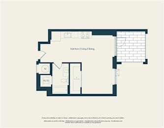 A floor plan of a kitchen/living/dining area with a separate W.D.