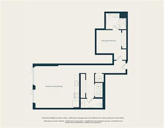 A floor plan of a house with a kitchen, living room, and two bedrooms.