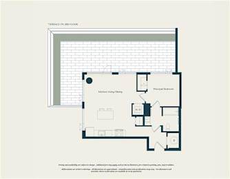 A floor plan of a terrace on the 23rd floor with a kitchen, living room, and bathroom.