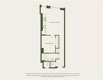 A floor plan of a house with a kitchen, living room, and principal bedroom.