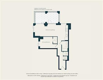 A floor plan of a house with a kitchen, living room, and bathrooms.