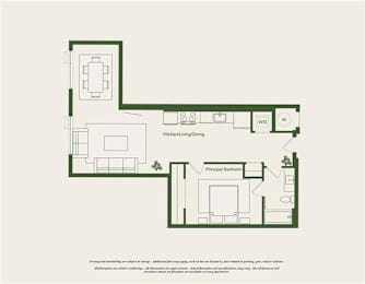 A floor plan of a house with a kitchen living and dining area and a principal bedroom.
