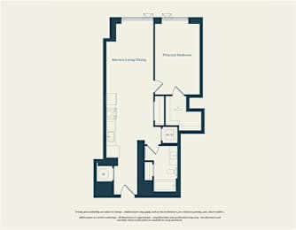 A floor plan of a house with a kitchen, living room, dining room, and principal bedroom.