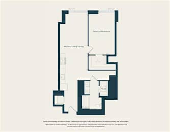 A floor plan of a house with a principal bedroom, kitchen/living/dining area, and a W.D.