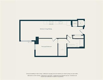 A floor plan of a house with a kitchen, living room, dining room, and principal bedroom.