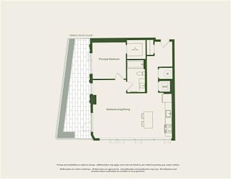 A floor plan of a house with a kitchen, living room, and two bedrooms.