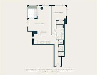 A floor plan of a house with a kitchen, living room, and two bedrooms.
