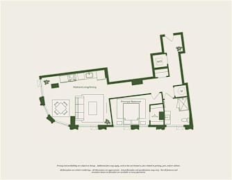 A floor plan of a house with a kitchen, living room, and two bedrooms.