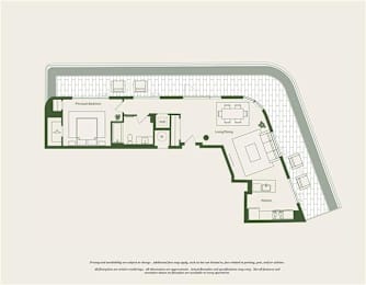 A floor plan of a house with a living room, dining room, kitchen, and two bedrooms.