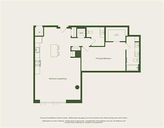 A floor plan of a house with a kitchen, living room, and two bedrooms.