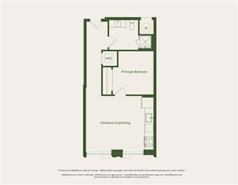 A floor plan of a house with a kitchen, living room, and two bedrooms.