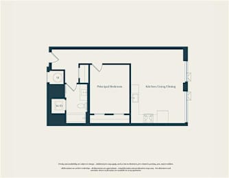 A floor plan of a house with a kitchen, dining area, and two bathrooms.