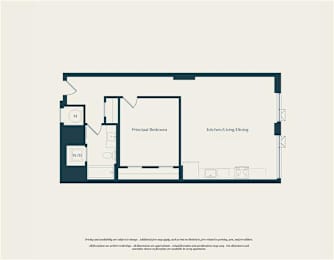 A floor plan of a house with a kitchen, living room, and dining room.
