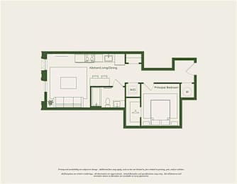 A floor plan of a house with a kitchen, living room, dining room, and principal bedroom.