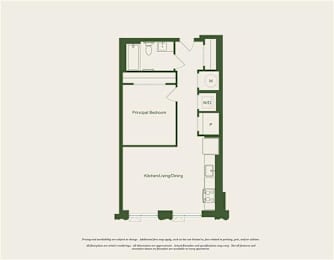 A floor plan of a small apartment with a principal bedroom and a kitchen/living/dining area.