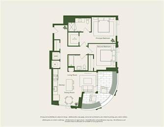 A floor plan of a house with a living room, two bedrooms, a kitchen, and a dining room.