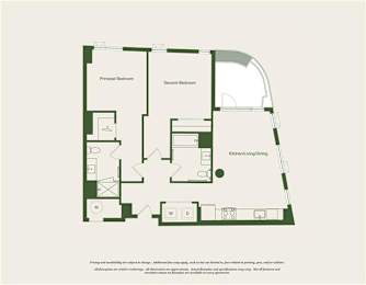A floor plan of a house with a principal bedroom, a second bedroom, and a kitchen with living room.