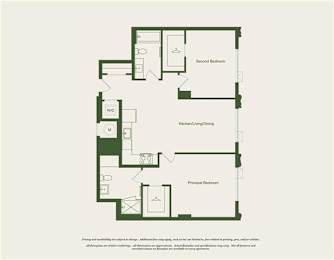 A floor plan of a house with a kitchen, living room, dining room, and two bedrooms.