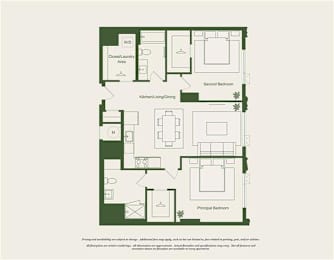 A floor plan of a house with a living room, two bedrooms, a kitchen, and a laundry area.