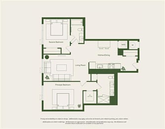 A floor plan of a house with a living room, two bedrooms, a kitchen, and a study.