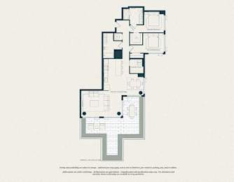A floor plan of a building with multiple rooms and a staircase.