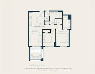 A floor plan of a house with labeled rooms such as "Kitchen/Living/Dining" and "Bedrooms.".