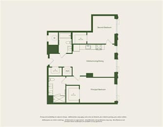 A floor plan of a house with a kitchen, living room, and two bedrooms.