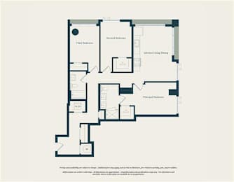 A floor plan of a house with a first bedroom, second bedroom, kitchen/dining area, principal bedroom, and W.D.
