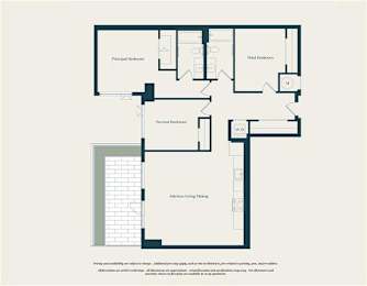 A floor plan of a house with a kitchen, two bathrooms, and a garage.