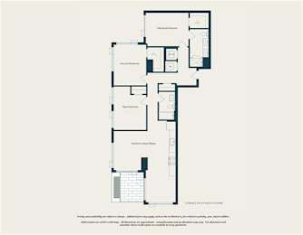 A floor plan of a building with labeled rooms and a staircase.