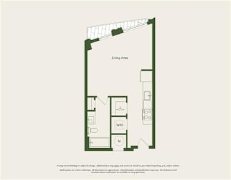 A drawing of a house layout with a living area, W.D, and M.