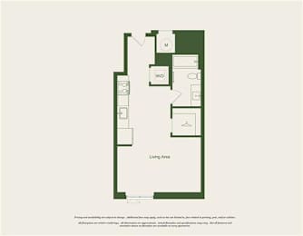 A floor plan of a living area with a kitchen and a bathroom.