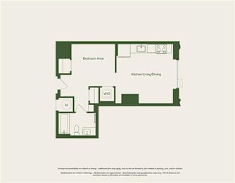 A floor plan of a house with a bedroom area, kitchen/living/dining area, and a WC.