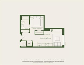 A floor plan of a house with a principal bedroom, kitchen/living/dining area, and a workspace.