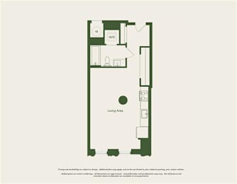 A floor plan of a Living Area with a W.I.D. and a kitchen.