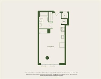 A floor plan of a house with a living area, kitchen, and bathroom.