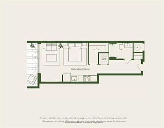 A floor plan of a kitchen, living and dining area.