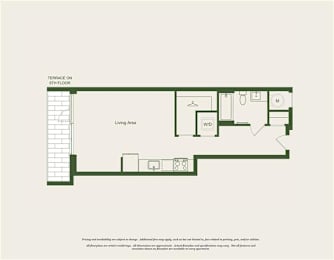 A floor plan of a living area with a kitchen and bathroom.