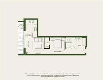 A floor plan of a house with a kitchen, dining area, and bedroom area.