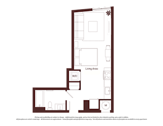A floor plan of a house with a living area, a bedroom, a bathroom, and a kitchen.