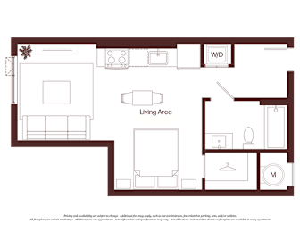 A floor plan of a house with a living area, kitchen, and bathroom.
