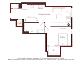 A floor plan of a house with a kitchen, living room, dining room, and bedroom.